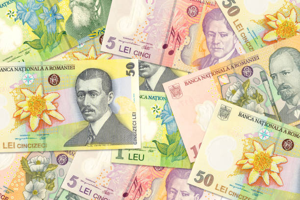 some romanian leu banknotes mixed indicating growing economics with copyspace some romanian leu banknotes mixed indicating growing economics with copyspace romania stock pictures, royalty-free photos & images