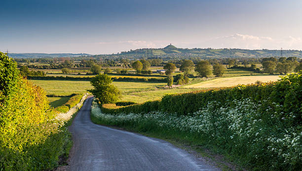 Somerset Levels A lane lined with spring verge flowers leads down to the Somerset Levels, with Glastonbury Tor beyond. outcrop stock pictures, royalty-free photos & images