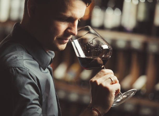 sommelier smelling flavor of red wine in bokal on background of shelves with bottles in cellar. male appreciating color, smell, quality and sediments of drink. - sniffing glass imagens e fotografias de stock