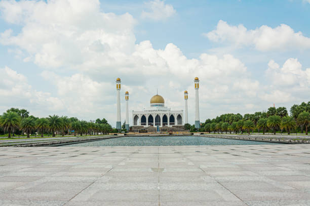 Songkhla Central Mosque with blue sky and cloud over the mosque . Largest Mosque in Thailand stock photo