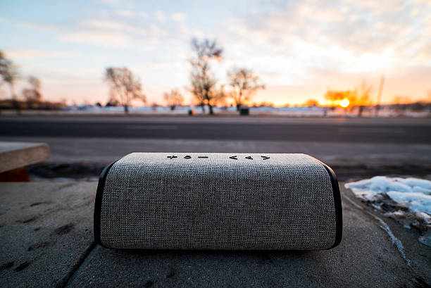 Sound of the Streets Bluetooth Speaker on the street at Sunrise bluetooth stock pictures, royalty-free photos & images