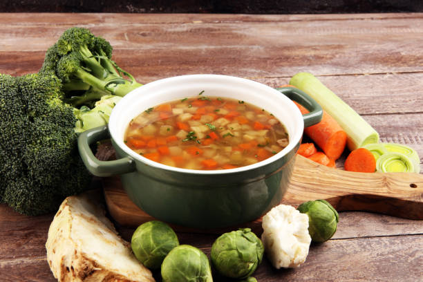 Soup, Vegetable Soup, Bowl. Traditional hot veggie soup stock photo