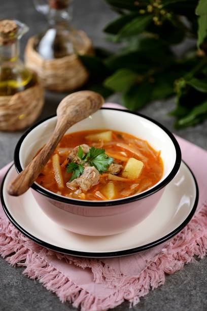 Soup with veal, cabbage, turnips, onions, carrots, potatoes and tomatoes. stock photo