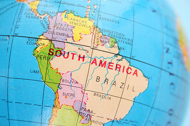 South America Closeup view of northern part of Southamerican section of cheap plastic globe south america stock pictures, royalty-free photos & images