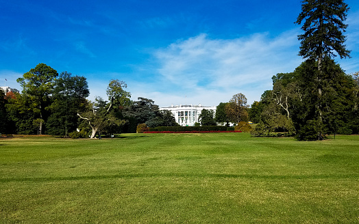 South lawn view of the White House, the residence of the president of the United States of America, in Washington, DC.