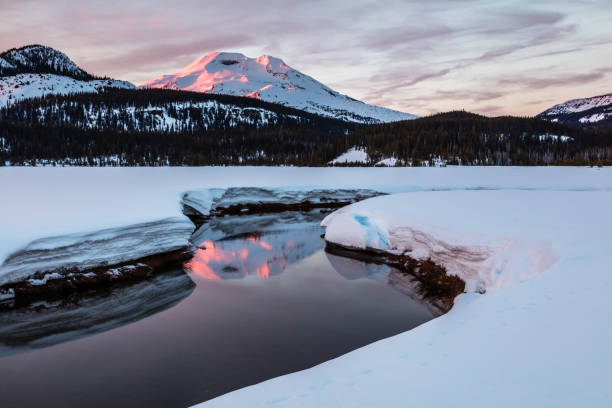 South Sister Reflected in Soda Creek at Sunrise, Deschutes National Forest, Oregon South Sister Reflected in Soda Creek at Sunrise, Deschutes National Forest, Oregon cascade range stock pictures, royalty-free photos & images