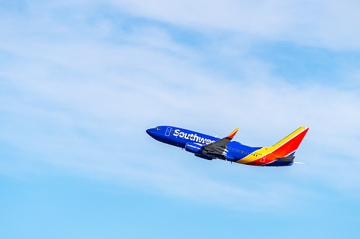 Washington/D.C. - December 07, 2019 : Southwest Airlines airplane departing from the Ronald Reagan Washington National Airport. (DCA)