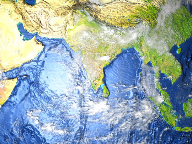 Southeast Asia on Earth - visible ocean floor Southeast Asia on 3D model of Earth. 3D illustration with plastic planet surface and ocean floor. 3D model of planet created and rendered in Cheetah3D software, 7 Mar 2017. Some layers of planet surface use textures furnished by NASA, Blue Marble collection: http://visibleearth.nasa.gov/view_cat.php?categoryID=1484 indian ocean stock pictures, royalty-free photos & images