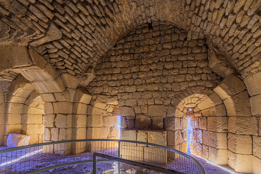 View of the interior of the southwest tower, with embrasures, in the Medieval Nimrod Fortress, the Golan Heights, Northern Israel