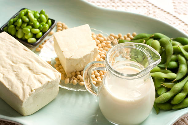 Soy Products with soybean pods, tofu, milk on serving dish stock photo