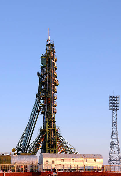 Soyuz Spacecraft on the Launch Pad "Baikonur, Kazakhstan - December 21, 2011: Soyuz spacecraft on the launch pad before launch to International Space Station" baikonur stock pictures, royalty-free photos & images