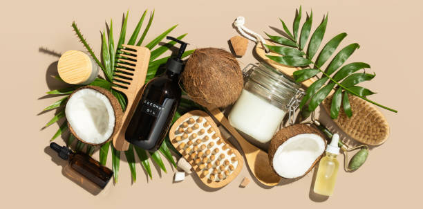 Spa coconut products flat lay, face, body and hair organic treatment concept stock photo