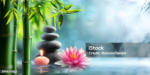 istock Spa - Natural Alternative Therapy With Massage Stones And Waterlily In Water 694627442