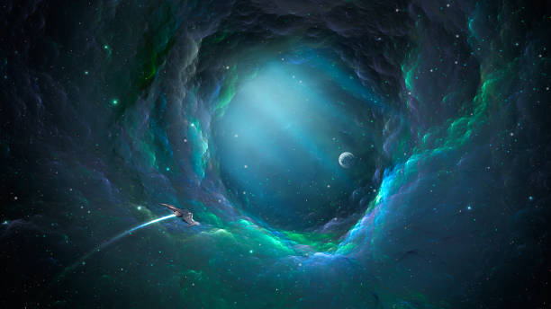공간 배경입니다. 우주선은 행성에 다채로운 성운 프랙탈 터널을 통해 비행 - 성운 일러스트 뉴스 사진 이미지