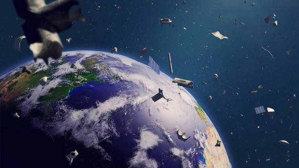 space debris in Earth orbit, dangerous junk orbiting around the blue planet artist's interpretation of space trash objects circling planet Earth satellites in space stock pictures, royalty-free photos & images