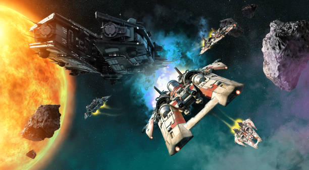 space fighters and mother ship 3D illustration stock photo