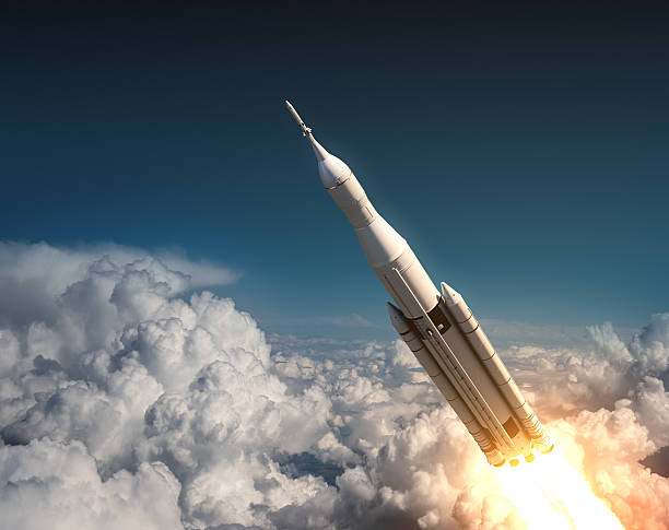 Space Launch System Flying In The Clouds Space Launch System Flying In The Clouds. 3D Illustration. soyuz space mission stock pictures, royalty-free photos & images