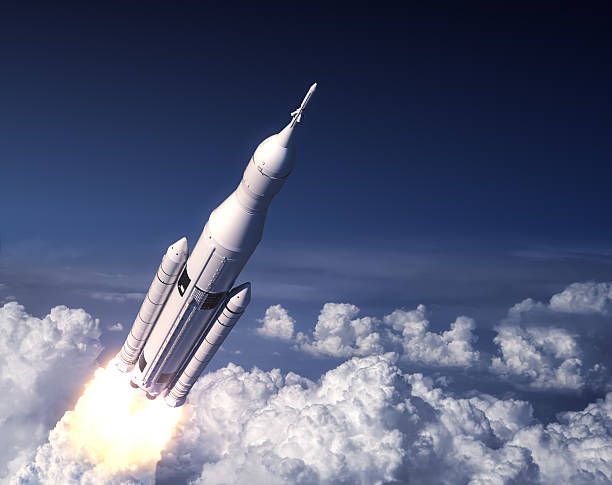 Space Launch System Takes Off In The Blue Sky Space Launch System Takes Off In The Blue Sky. 3D Illustration. soyuz space mission stock pictures, royalty-free photos & images
