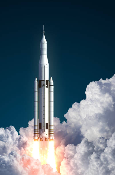 Space Launch System Takes Off In The Clouds Space Launch System Takes Off In The Clouds. 3D Scene. soyuz space mission stock pictures, royalty-free photos & images