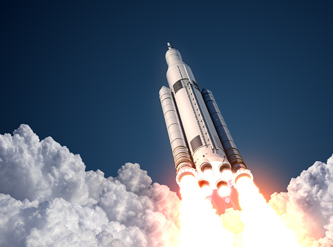 Space Launch System Takes Off. 3D Scene.