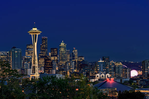 Space Needle and Seattle downtown at night stock photo