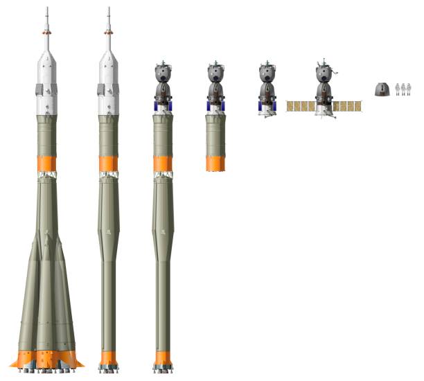 Space rocket with spaceship Soyuz Hi-detailed space rocket with spaceship Soyuz soyuz space mission stock pictures, royalty-free photos & images