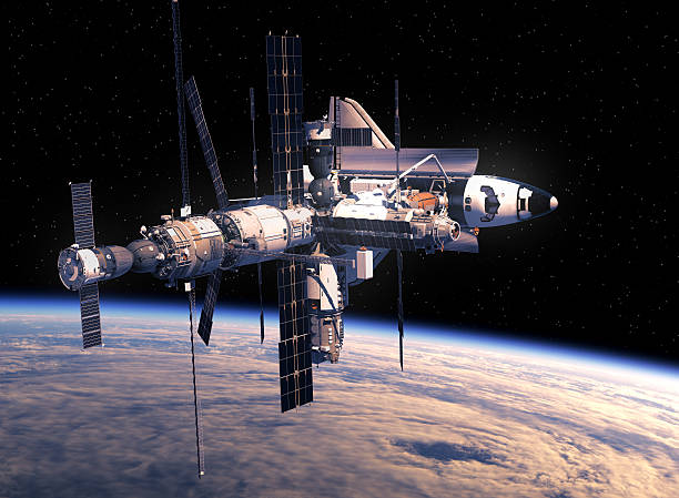 Space Shuttle And Space Station Orbiting Earth Space Shuttle And Space Station Orbiting Earth. 3D Illustration. soyuz space mission stock pictures, royalty-free photos & images