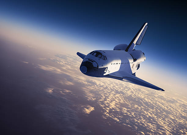 A space shuttle flying in space Space Shuttle Landing. 3D Scene. space shuttle stock pictures, royalty-free photos & images