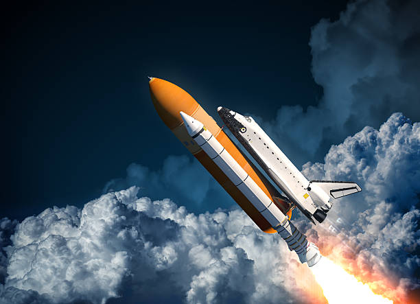 Space Shuttle Flying In The Clouds Space Shuttle Flying In The Clouds. 3D Scene.  european space agency stock pictures, royalty-free photos & images
