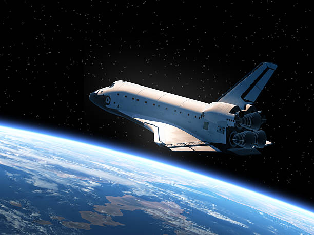 Space Shuttle In Space Space Shuttle In Space. 3D Scene. Elements of this image furnished by NASA. space shuttle stock pictures, royalty-free photos & images
