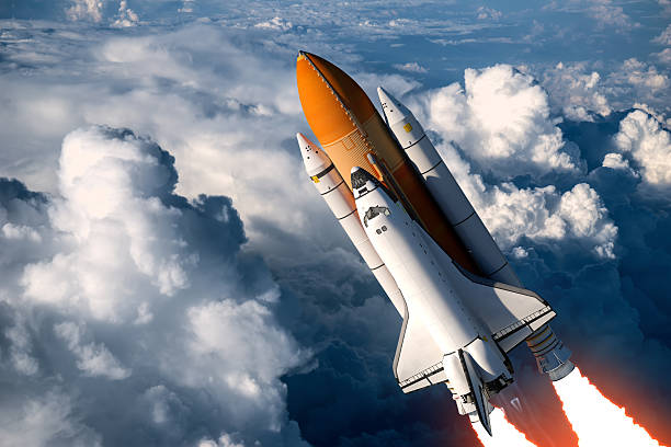 Space Shuttle Launch In The Clouds Space Shuttle Launch In The Clouds. 3D Scene. space shuttle stock pictures, royalty-free photos & images