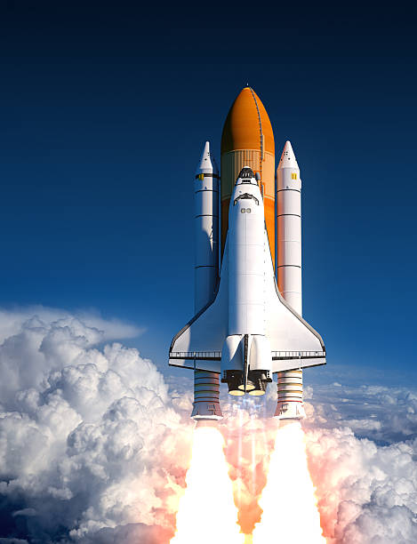Space Shuttle Launch In The Clouds Space Shuttle Launch In The Clouds. 3D Illustration. european space agency stock pictures, royalty-free photos & images