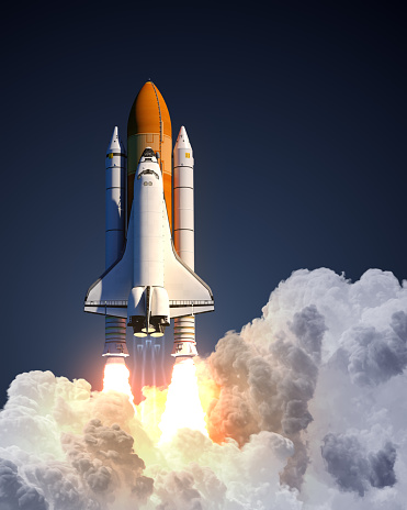 Space Shuttle Launch On Blue Background. 3D Illustration.