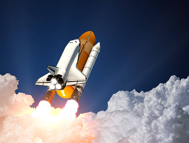 Space Shuttle Launch Space Shuttle Over The Clouds. 3D Scene. space shuttle stock pictures, royalty-free photos & images