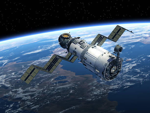 Space Station Deploys Solar Panels Space Station Deploys Solar Panels. 3D Scene. Elements of this image furnished by NASA.  european space agency stock pictures, royalty-free photos & images
