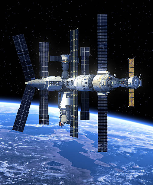 Space Station In Space Space Station In Space. 3D Scene. european space agency stock pictures, royalty-free photos & images