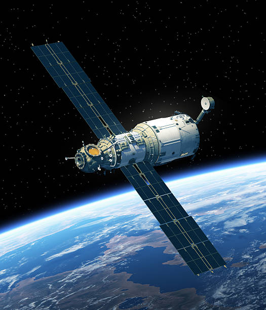 Space Station Orbiting Earth Space Station Orbiting Earth. 3D Scene. Elements of this image furnished by NASA.  european space agency stock pictures, royalty-free photos & images