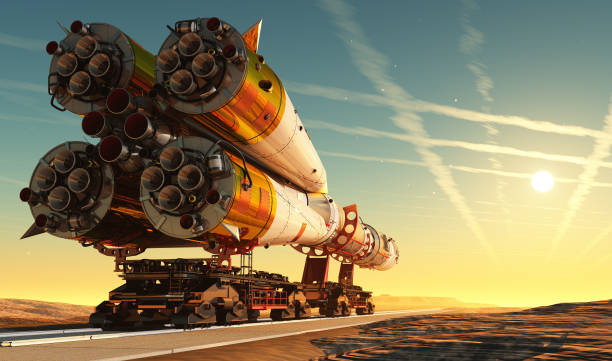 Space transport Baikonur with the spacecraft against the sky,3d render baikonur stock pictures, royalty-free photos & images