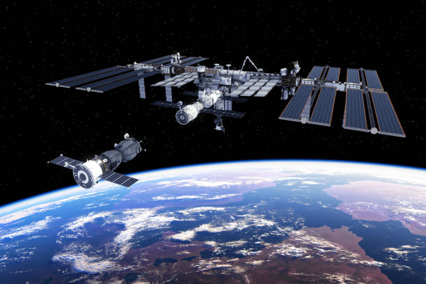 Spacecraft Docked To International Space Station Spacecraft Docked To International Space Station. 3D Illustration. (NASA Images NOT USED!) international space station stock pictures, royalty-free photos & images