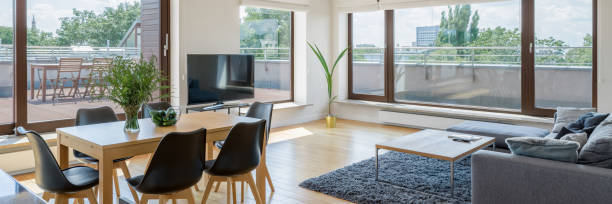 Spacious and bright living room, panorama stock photo