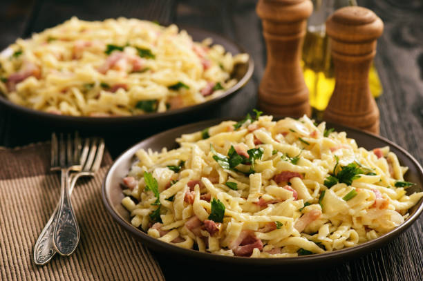 Spaetzle with bacon and onion,german style cuisine stock photo