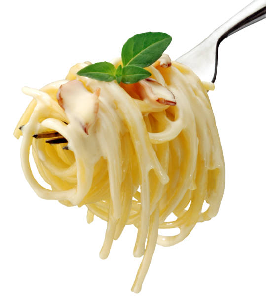 Spaghetti Carbonara on fork(+clipping path) stock photo