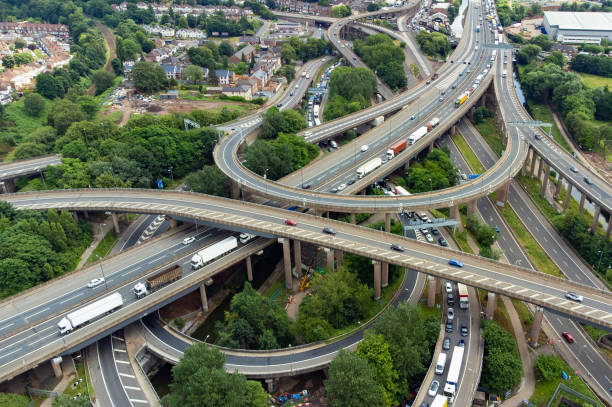 spaghetti junction m6 motorway, birmingham, england, uk - european highway drone bildbanksfoton och bilder