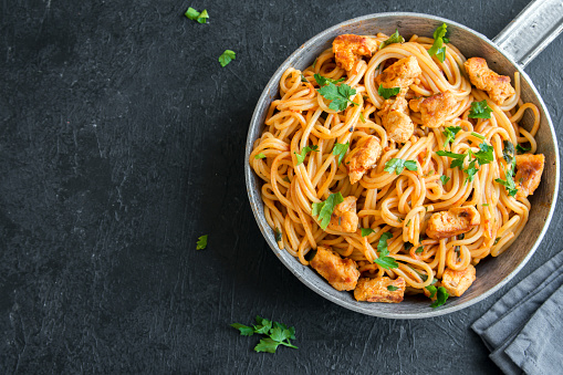 Spaghetti Pasta In Tomato Sauce With Chicken Stock Photo - Download ...