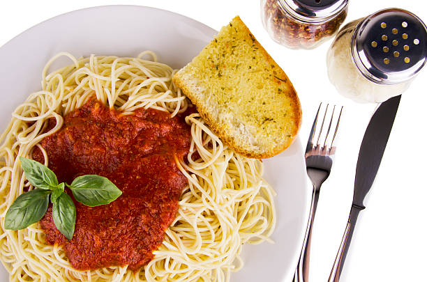 Spaghetti Tomato sauce spaghetti,  isolated on white background. garlic bread stock pictures, royalty-free photos & images