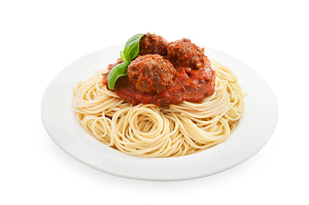 Spaghetti Spaghetti with meatball on white with clip path.  Please see my portfolio for other food and drink images. spaghetti stock pictures, royalty-free photos & images
