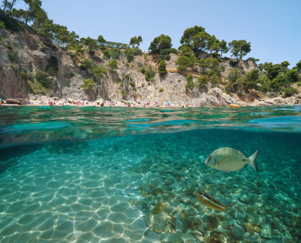 Spain beach on rocky coastline Mediterranean sea stock photo