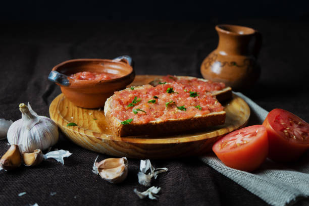 Spanish tomato toast "Pan tumaca" stock photo