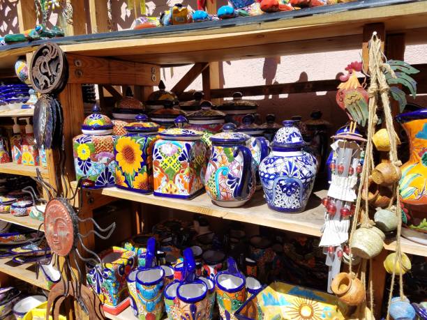 Spanish/Mexican Style of Pottery/Ceramics on a Display Shelf stock photo