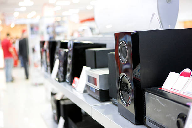 Speakers in electronics shop stock photo